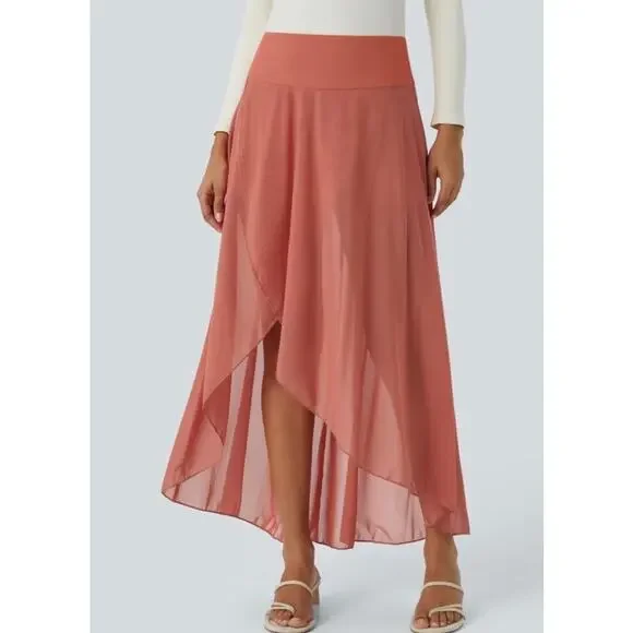 Halara High Waisted High Low Ruffle Pocket Flare Mesh Casual Regular Maxi Skirt - Picture 1 of 6